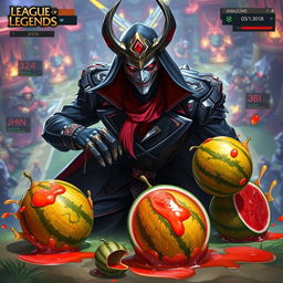 An action-packed in-game screenshot of Jhin, the virtuoso from League of Legends, expertly positioned on the battlefield with four bright, juicy watermelons scattered around him