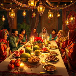 A beautiful depiction of an Iranian Yalda night celebration, showcasing traditional elements such as a decorated table spread with pomegranates, watermelons, nuts, and candles