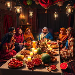 A beautiful depiction of an Iranian Yalda night celebration, showcasing traditional elements such as a decorated table spread with pomegranates, watermelons, nuts, and candles