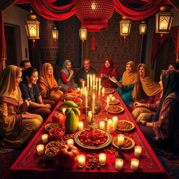 A beautiful depiction of an Iranian Yalda night celebration, showcasing traditional elements such as a decorated table spread with pomegranates, watermelons, nuts, and candles