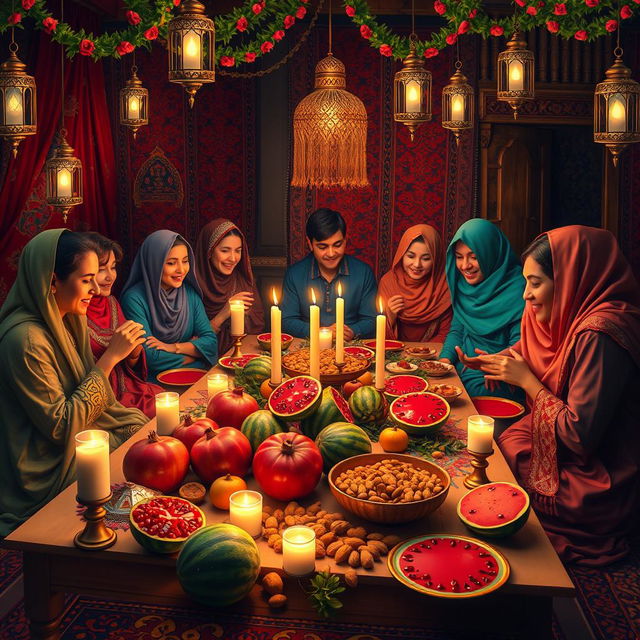 A beautiful depiction of an Iranian Yalda night celebration, showcasing traditional elements such as a decorated table spread with pomegranates, watermelons, nuts, and candles