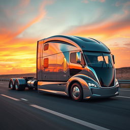 A powerful semi-truck revolutionizing speed and luxury, featuring a sleek and aerodynamic design with a shiny metallic finish