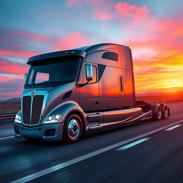 A powerful semi-truck revolutionizing speed and luxury, featuring a sleek and aerodynamic design with a shiny metallic finish