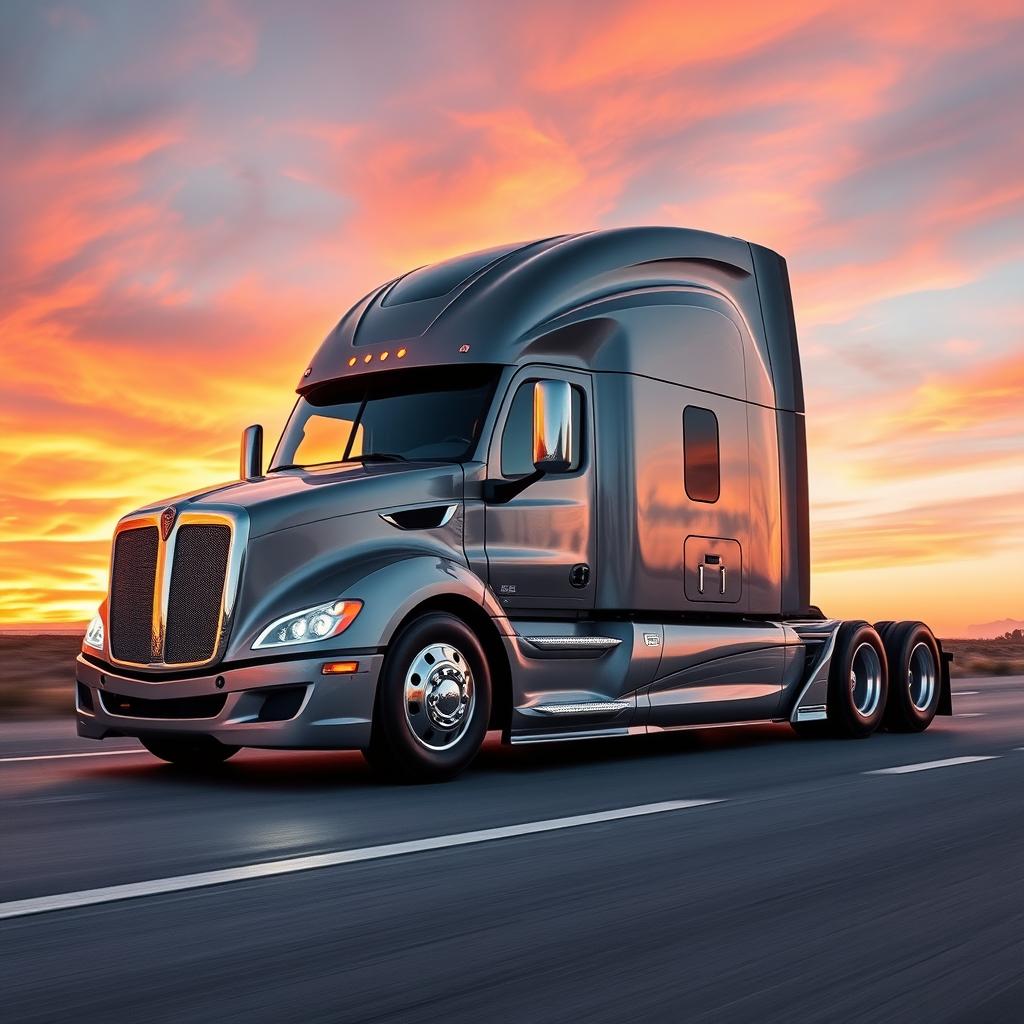 A powerful semi-truck revolutionizing speed and luxury, featuring a sleek and aerodynamic design with a shiny metallic finish