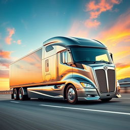 A powerful semi-truck revolutionizing speed and luxury, featuring a sleek and aerodynamic design with a shiny metallic finish