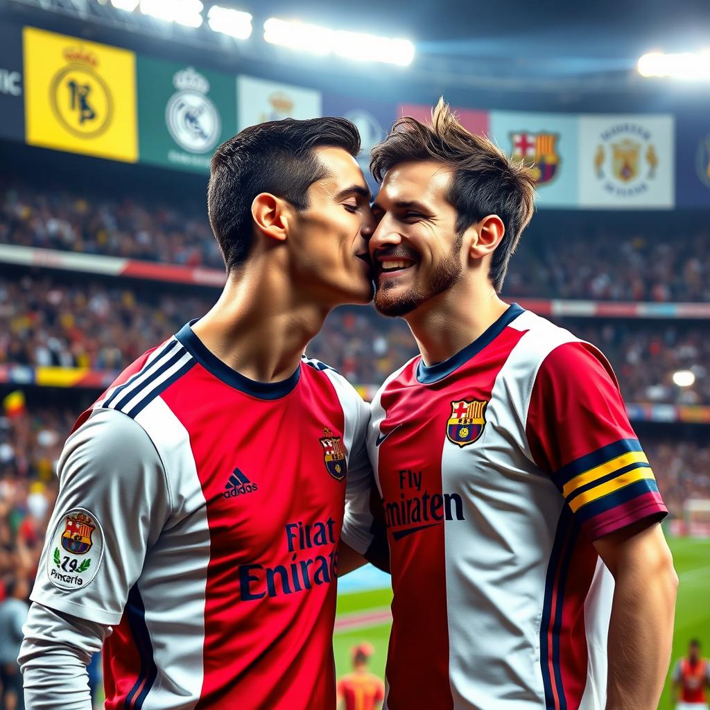 Cristiano Ronaldo wearing a Real Madrid shirt, leaning down affectionately to kiss Lionel Messi's head, who is wearing a Barcelona shirt