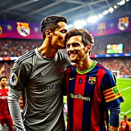 Cristiano Ronaldo wearing a Real Madrid shirt, leaning down affectionately to kiss Lionel Messi's head, who is wearing a Barcelona shirt