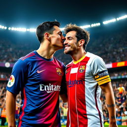 Cristiano Ronaldo wearing a Real Madrid shirt, leaning down affectionately to kiss Lionel Messi's head, who is wearing a Barcelona shirt