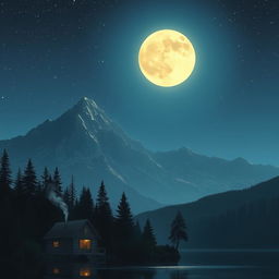 A serene midnight scene at a majestic mountain range under a starlit sky, with a bright full moon illuminating the peaks