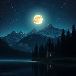 A serene midnight scene at a majestic mountain range under a starlit sky, with a bright full moon illuminating the peaks