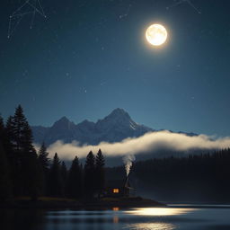 A serene midnight scene at a majestic mountain range under a starlit sky, with a bright full moon illuminating the peaks