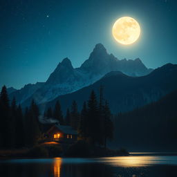 A serene midnight scene at a majestic mountain range under a starlit sky, with a bright full moon illuminating the peaks