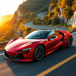 A sleek modern sports car in a dynamic pose on a winding mountain road, showcasing its aerodynamic design and vibrant red color