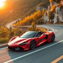 A sleek modern sports car in a dynamic pose on a winding mountain road, showcasing its aerodynamic design and vibrant red color