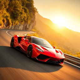 A sleek modern sports car in a dynamic pose on a winding mountain road, showcasing its aerodynamic design and vibrant red color