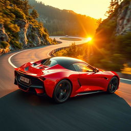 A sleek modern sports car in a dynamic pose on a winding mountain road, showcasing its aerodynamic design and vibrant red color