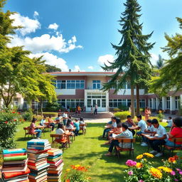 A vibrant and picturesque school surrounded by lush greenery under a bright, sunny sky