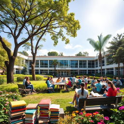 A vibrant and picturesque school surrounded by lush greenery under a bright, sunny sky