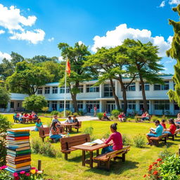 A vibrant and picturesque school surrounded by lush greenery under a bright, sunny sky