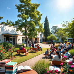 A vibrant and picturesque school surrounded by lush greenery under a bright, sunny sky
