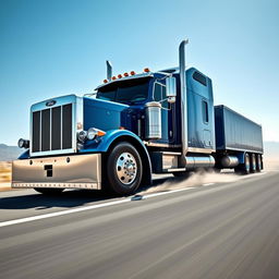 A powerful semi-truck on a vast open highway, showcasing its robust design and impressive size