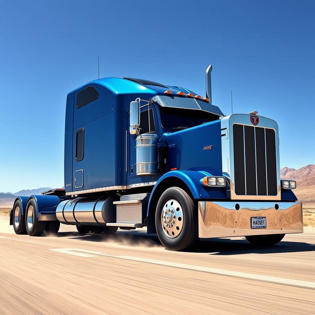 A powerful semi-truck on a vast open highway, showcasing its robust design and impressive size