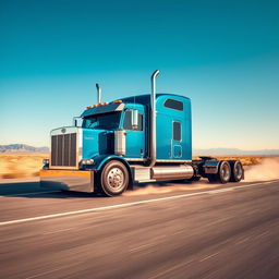 A powerful semi-truck on a vast open highway, showcasing its robust design and impressive size