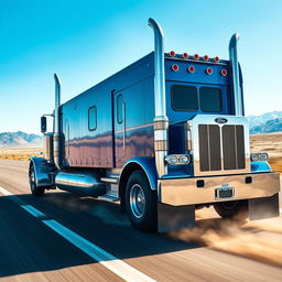 A powerful semi-truck on a vast open highway, showcasing its robust design and impressive size