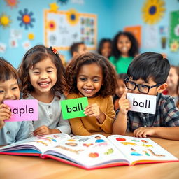 A vibrant classroom scene where children are joyfully engaging with colorful flashcards displaying their first English words