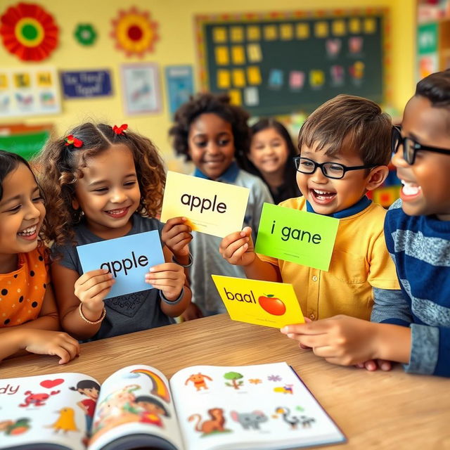 A vibrant classroom scene where children are joyfully engaging with colorful flashcards displaying their first English words