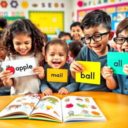 A vibrant classroom scene where children are joyfully engaging with colorful flashcards displaying their first English words