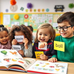 A vibrant classroom scene where children are joyfully engaging with colorful flashcards displaying their first English words