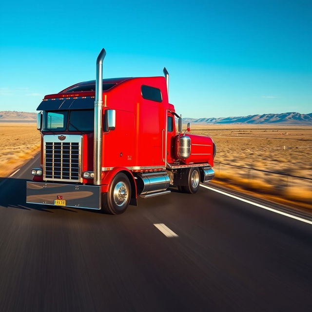 A powerful semi-truck redefining performance on the road, depicted in a striking profile view on a long, straight highway