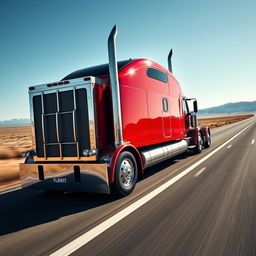 A powerful semi-truck redefining performance on the road, depicted in a striking profile view on a long, straight highway
