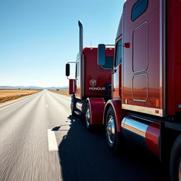 A powerful semi-truck redefining performance on the road, depicted in a striking profile view on a long, straight highway