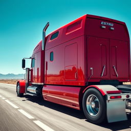 A powerful semi-truck redefining performance on the road, depicted in a striking profile view on a long, straight highway