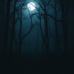 A dark, eerie forest at night, featuring tall, shadowy trees with twisted branches that obscure the moonlight
