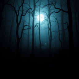 A dark, eerie forest at night, featuring tall, shadowy trees with twisted branches that obscure the moonlight