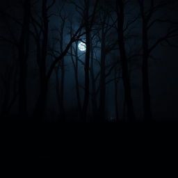A dark, eerie forest at night, featuring tall, shadowy trees with twisted branches that obscure the moonlight
