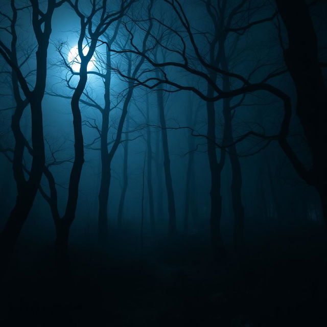 A dark, eerie forest at night, featuring tall, shadowy trees with twisted branches that obscure the moonlight