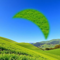 An image of a scenic landscape featuring lush green hills and a clear blue sky, where an object has been seamlessly removed from the foreground
