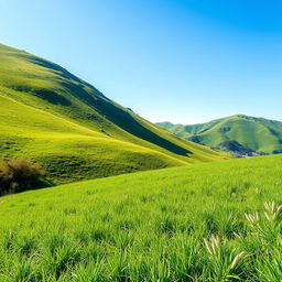 An image of a scenic landscape featuring lush green hills and a clear blue sky, where an object has been seamlessly removed from the foreground