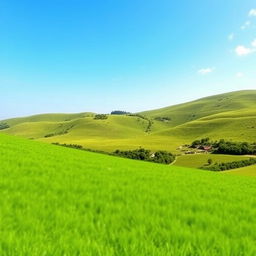 An image of a scenic landscape featuring lush green hills and a clear blue sky, where an object has been seamlessly removed from the foreground