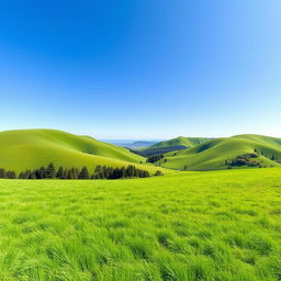 An image of a scenic landscape featuring lush green hills and a clear blue sky, where an object has been seamlessly removed from the foreground