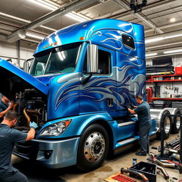 A customized semi-truck in a garage, showcasing a vibrant blue and silver paint job with intricate airbrush designs