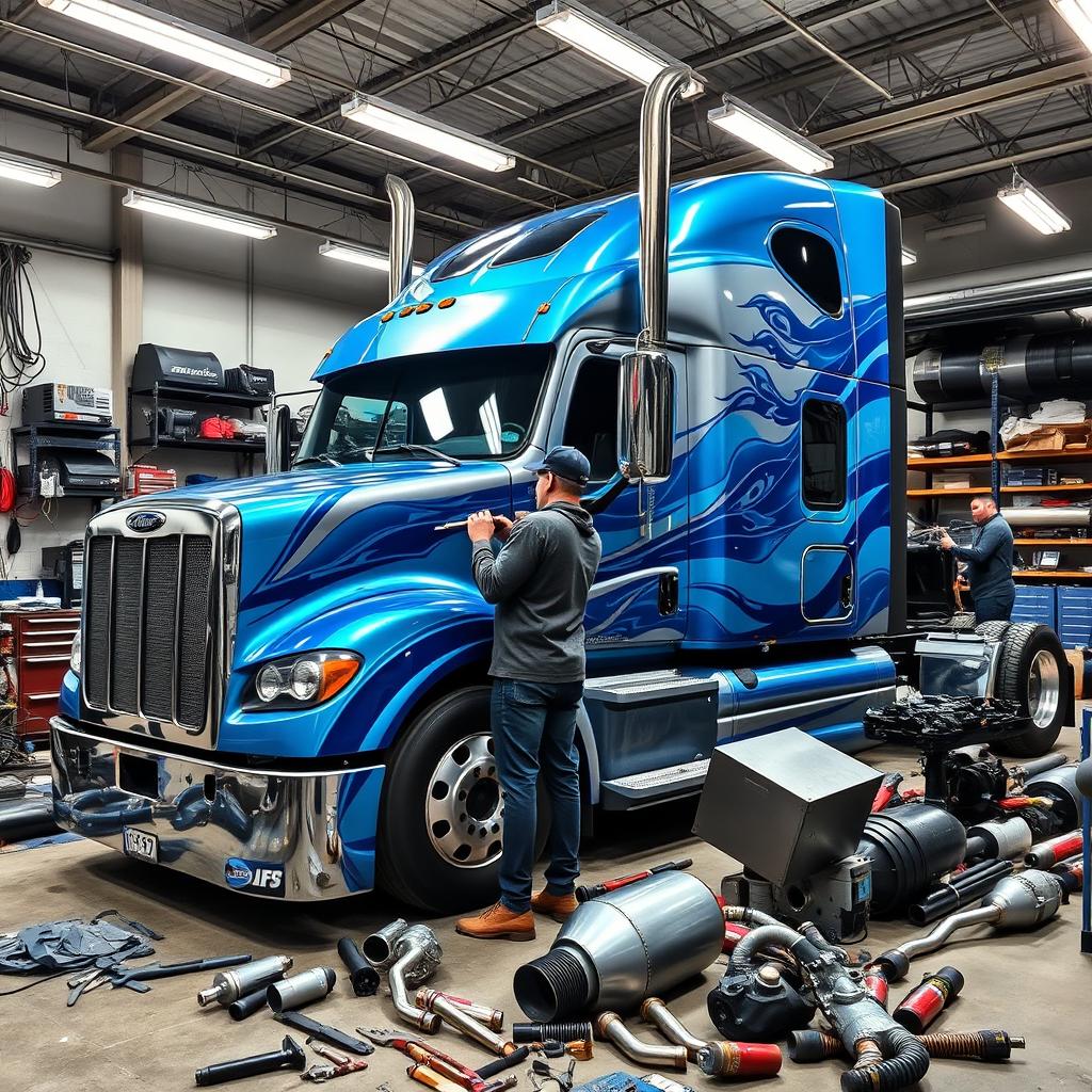 A customized semi-truck in a garage, showcasing a vibrant blue and silver paint job with intricate airbrush designs