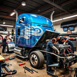 A customized semi-truck in a garage, showcasing a vibrant blue and silver paint job with intricate airbrush designs