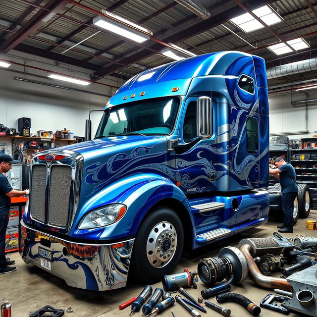 A customized semi-truck in a garage, showcasing a vibrant blue and silver paint job with intricate airbrush designs