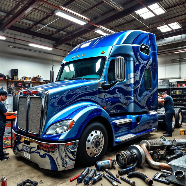 A customized semi-truck in a garage, showcasing a vibrant blue and silver paint job with intricate airbrush designs