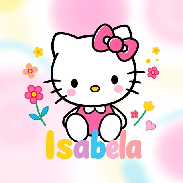 A cute and colorful illustration of Hello Kitty, the iconic character, wearing a pink bow